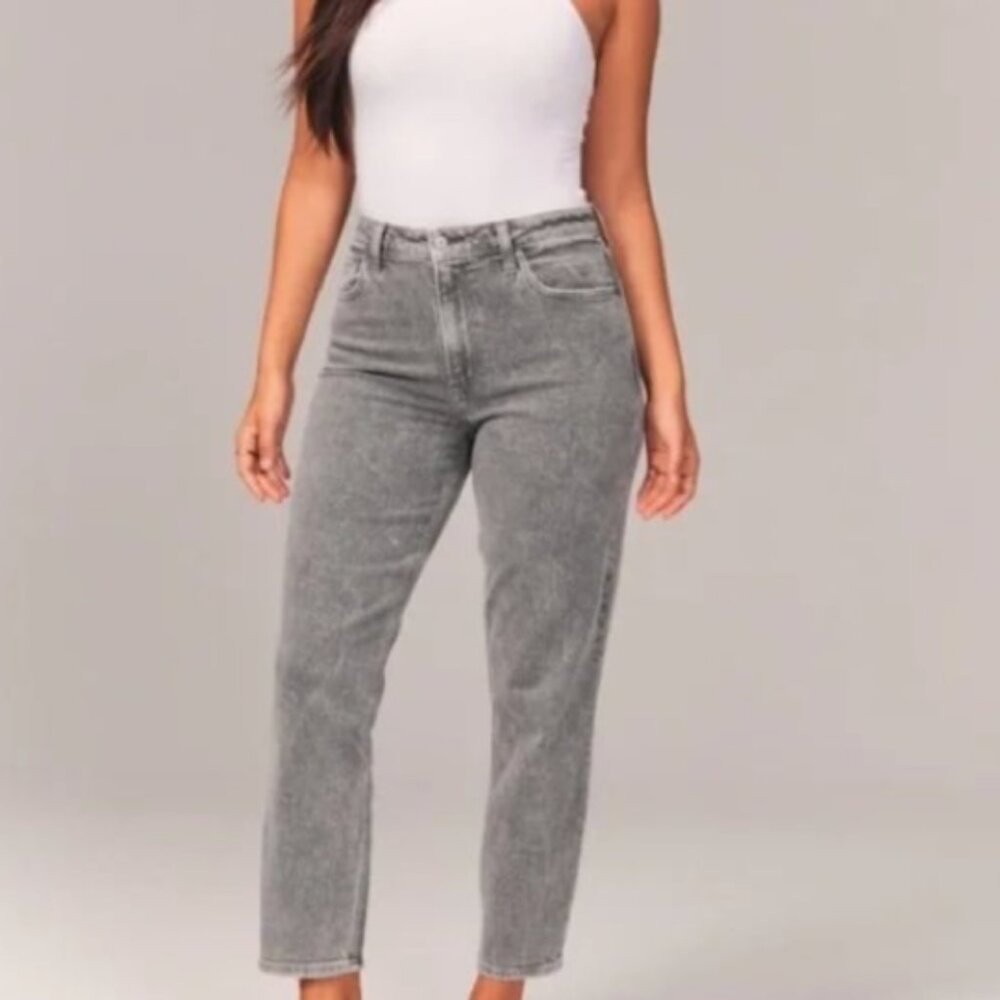 Abercrombie High Rise Mom Jeans in Light Grey Wash